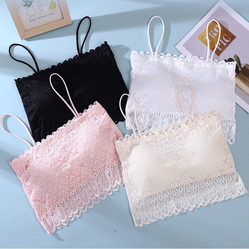 

Women Seamless Crop Top Underwear Wire-Free Lace Camisole Thin Straps Solid Bralette Lingerie One-Piece Tube Tops