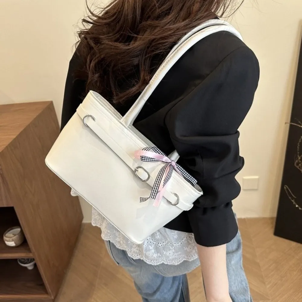 

Sweet PU Leather Bow Ribbon Shoulder Bag Y2K Commuting French Stick Underarm Bag Korean Style Leisure Women Handbag Daily