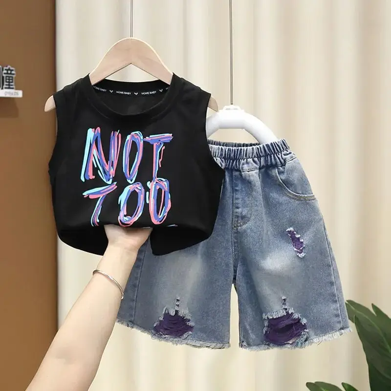 

Children's Clothing Set New Summer Fashion Baby Boys Sleeveless Thin T-shirt Denim Shorts Two piece Set