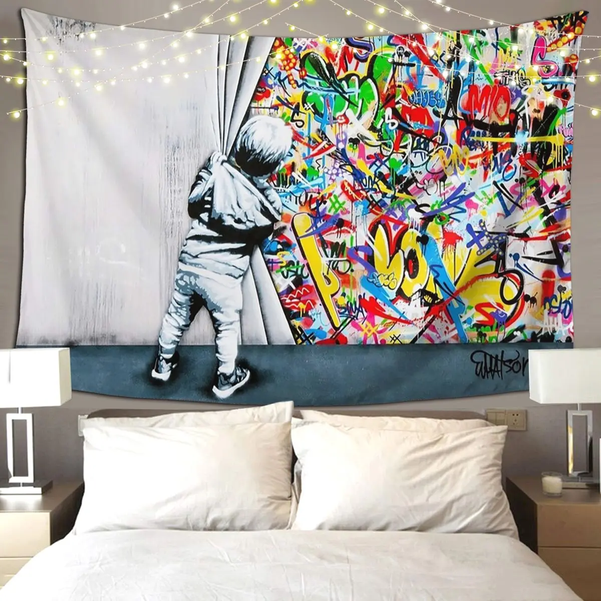 Behind The Curtain Boy - Banksy Street Art Mural Tapestry Art Wall Hanging Home Tapestries for Living Room Bedroom Dorm Room