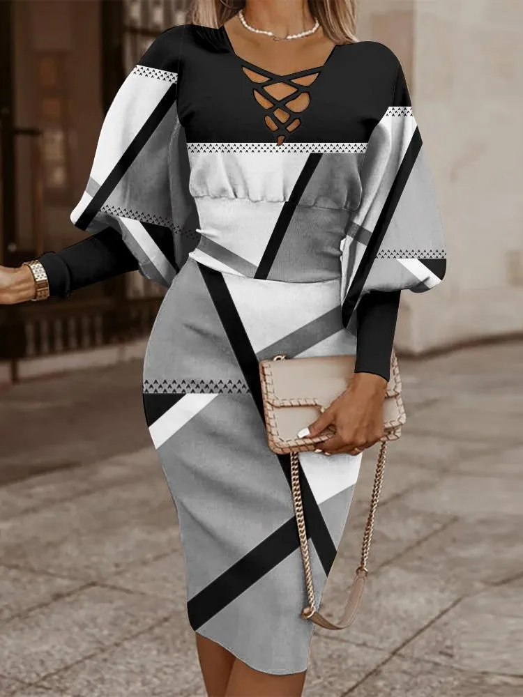 2025 outono moda com decote em v saco hip na altura do joelho vestidos para mulheres impressão geométrica manga longa midi vestido casual senhora do escritório robe