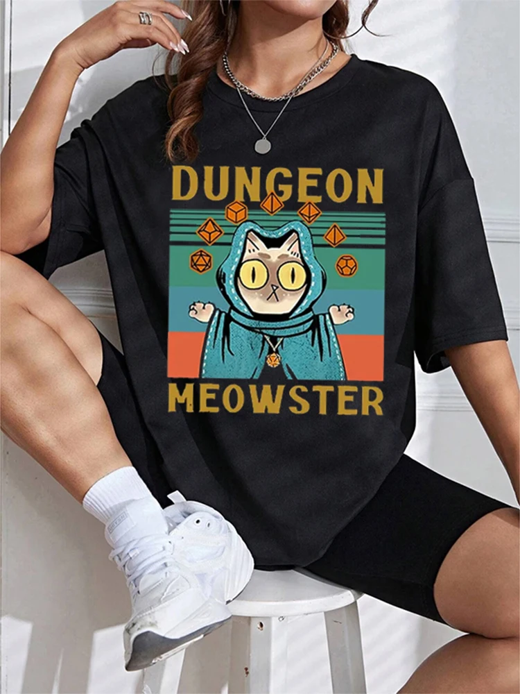 Kawaii Dungeon Meowster Classic T Shirt Retro DnD Game Fabric Graphic Tshirts Women Men Summer Cotton Loose O-neck Tshirt