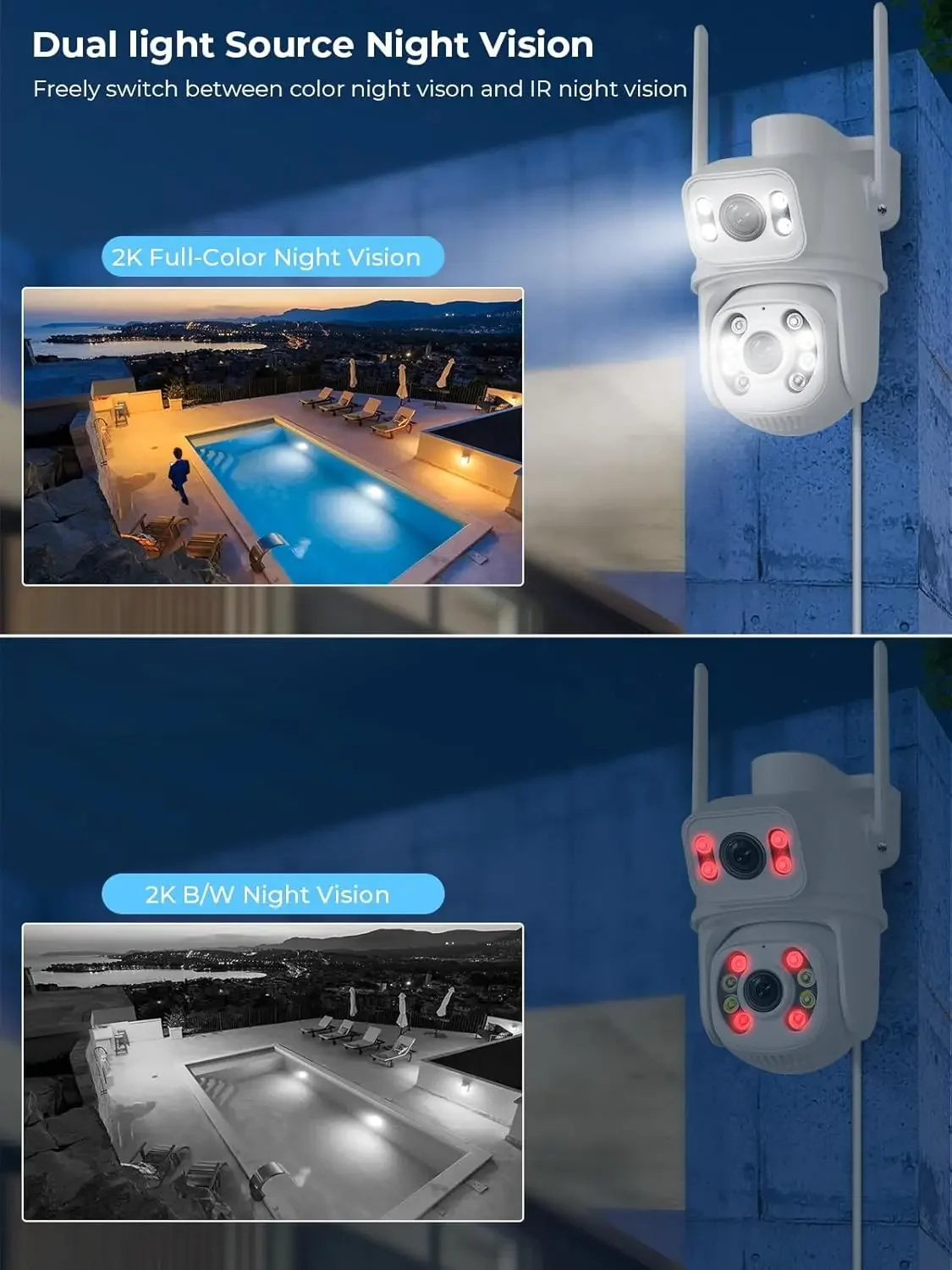 كاميرا مراقبة لاسلكية PTZ بعدسة مزدوجة خارجية 2.4G واي فاي كاميرا عموم إمالة تتبع تلقائي كشف الإنسان كاميرات المراقبة iCSee