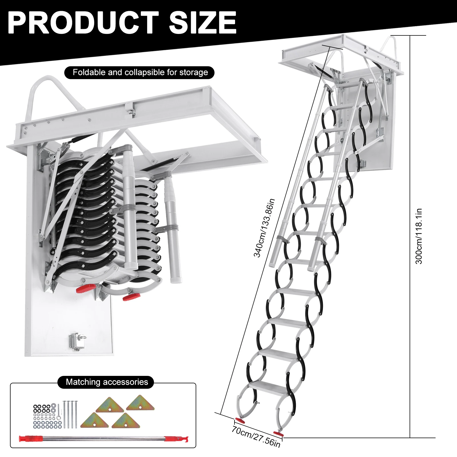 

Лестницы для чердаков из углеродистой стали с поручнями, компактные, складные, грузоподъемность 660 фунтов, выдвижная система для неровных проемов