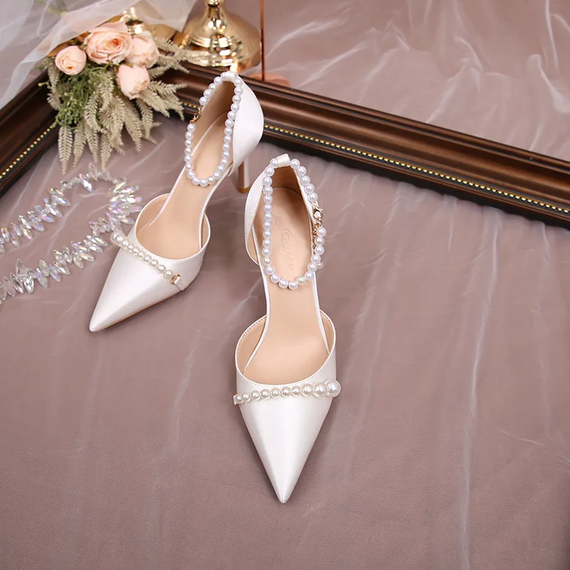 Spring and summer pointed hollow pearl chain silk forged wedding shoes thin high-heeled banquet dress small size women's sandals