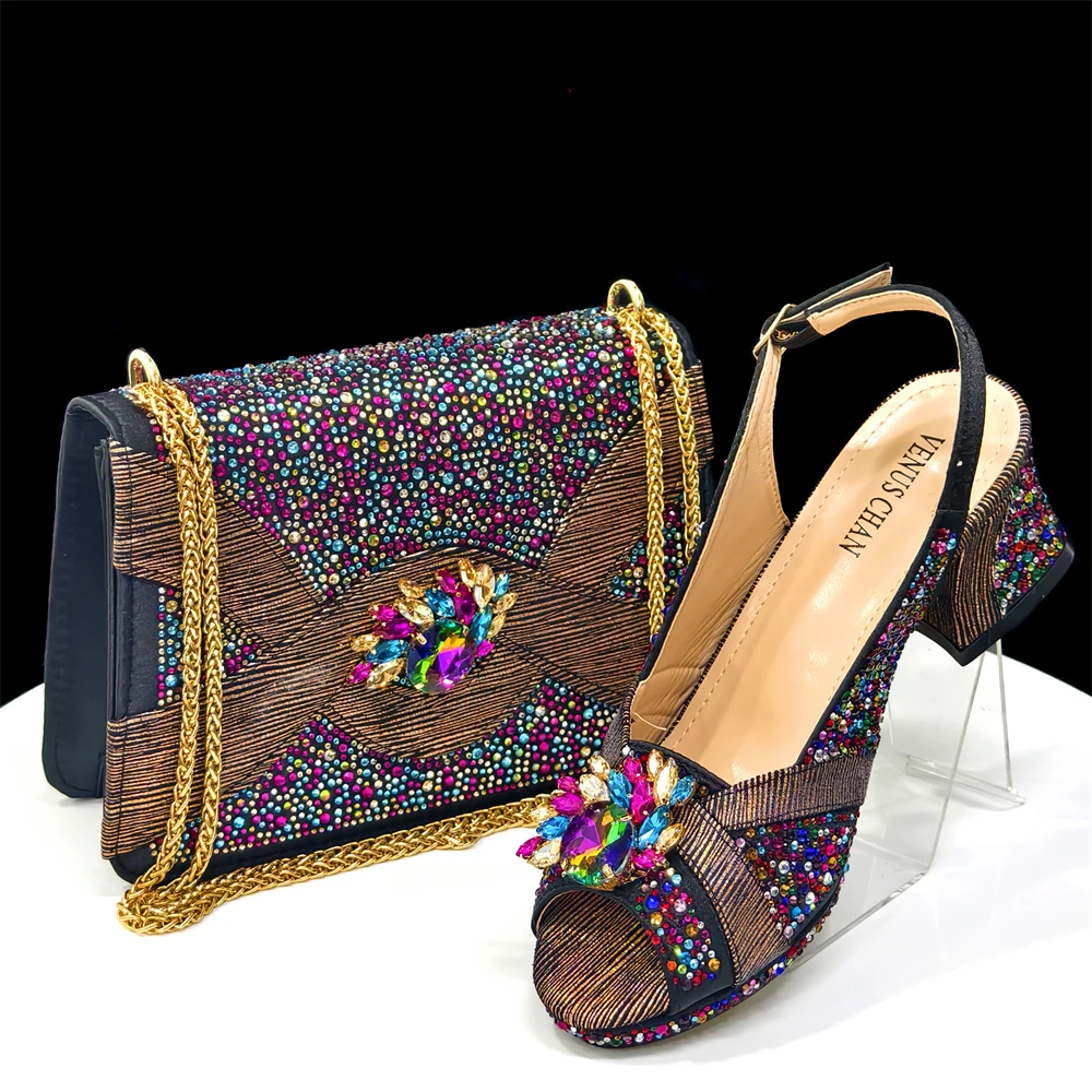 

2025 г., радужные модные остроконечные туфли-лодочки со стразами, женская обувь, одинаковый комплект сумок, элегантный стиль для вечеринки