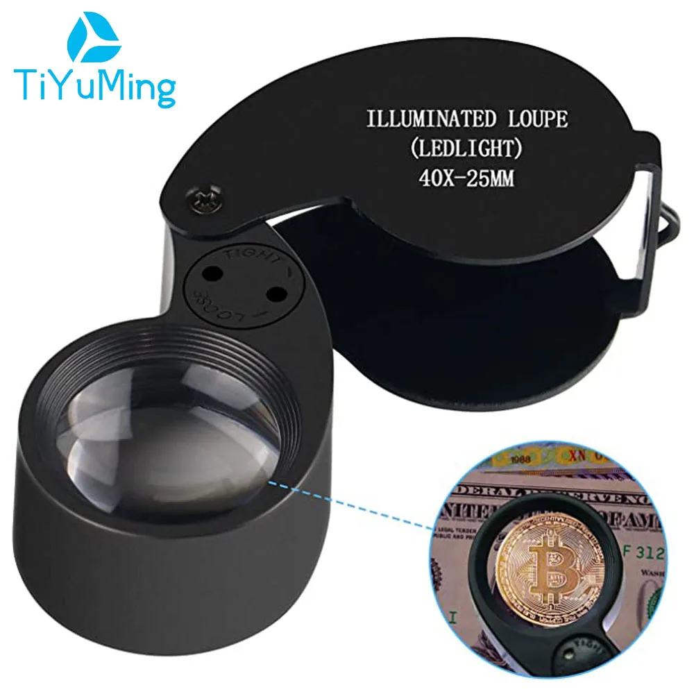 

40X Illuminated Jewelry Magnifying Glass 2 LED Foldable Magnifier Lens Diameter 25mm Pocket Loupe For Jade Appreciation
