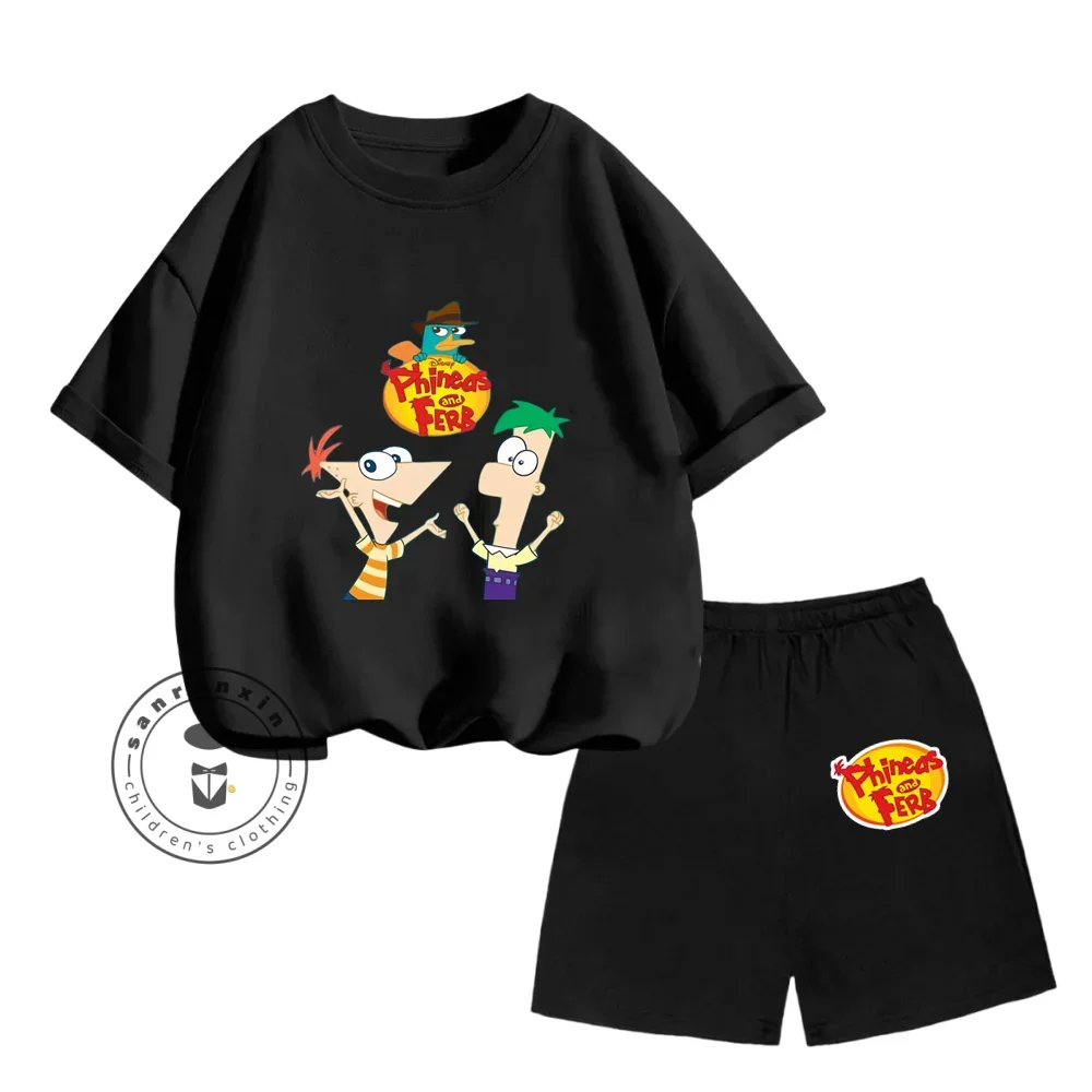 Summer Disney Phineas and Ferb Cute Cartoon Print Design O-neck Loose T-shirt + Stretch Shorts Casual Fashion Children\'s Suit