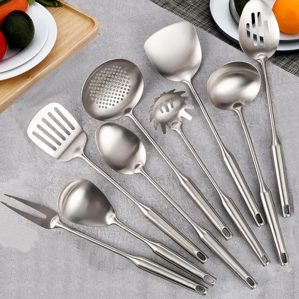 304 Stainless Steel Kitchen Utensils, 9 PCS Metal Cooking Utensils Set, Solid Spoon, Slotted Spoon, Fork, Spatula, Ladle