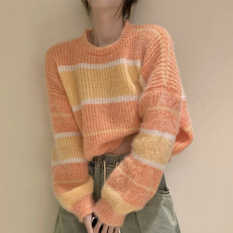 Striped Pullovers Women Soft Baggy Knitted Crop Sweater Autumn Simple Streetwear Casual All-match Sueter Mujer Comfort Ulzzang