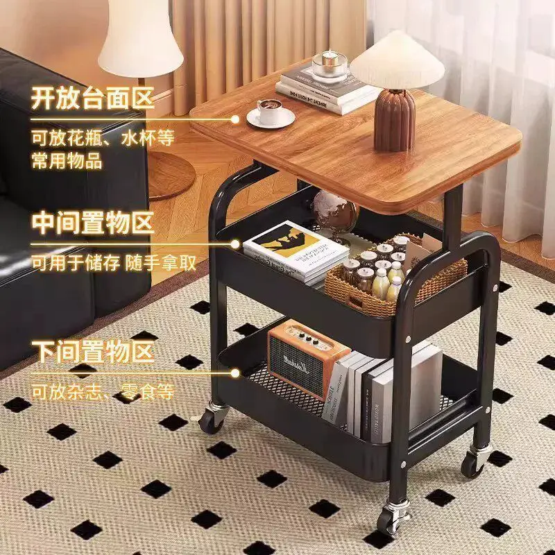 3-Tier Rolling Side Table, Mobile End Table with Wheels, Wood Top Metal Frame Utility Cart Storage Shelf for Living Room Bedroom