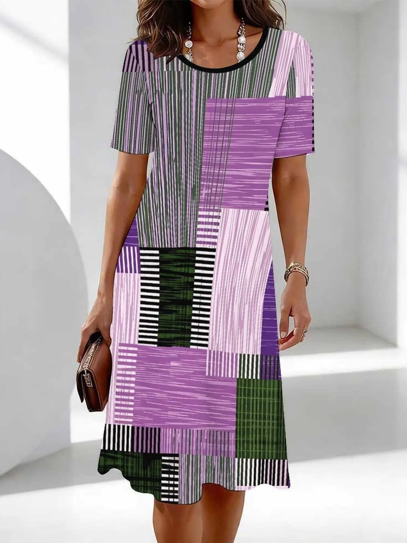 Ladies 3D Retro Plaid Print Dress Summer Short Sleeve round Neck Casual Party Gown Vintage Checkered Ensemble for Women