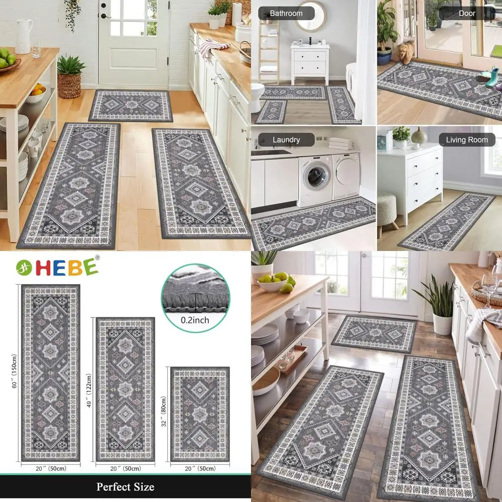 

3-Piece Boho Kitchen Rug Set with Runner, Non-Slip Mats, Washable for Hallway and Laundry Room Decor
