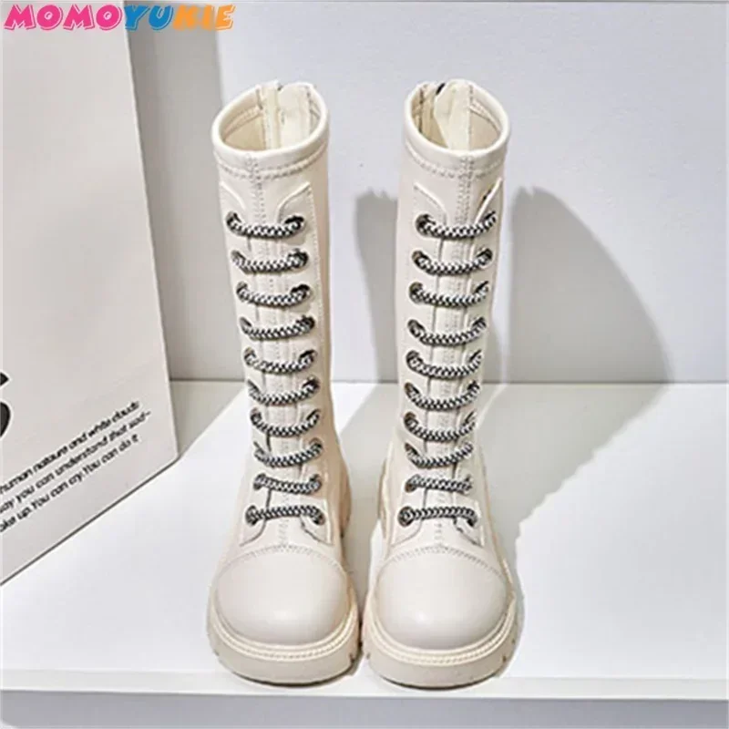 Children Girls Purity Lace Up Long Boots 2023 Autumn Winter Korean Edition New Versatile High Microfiber Princess Cotton Boots