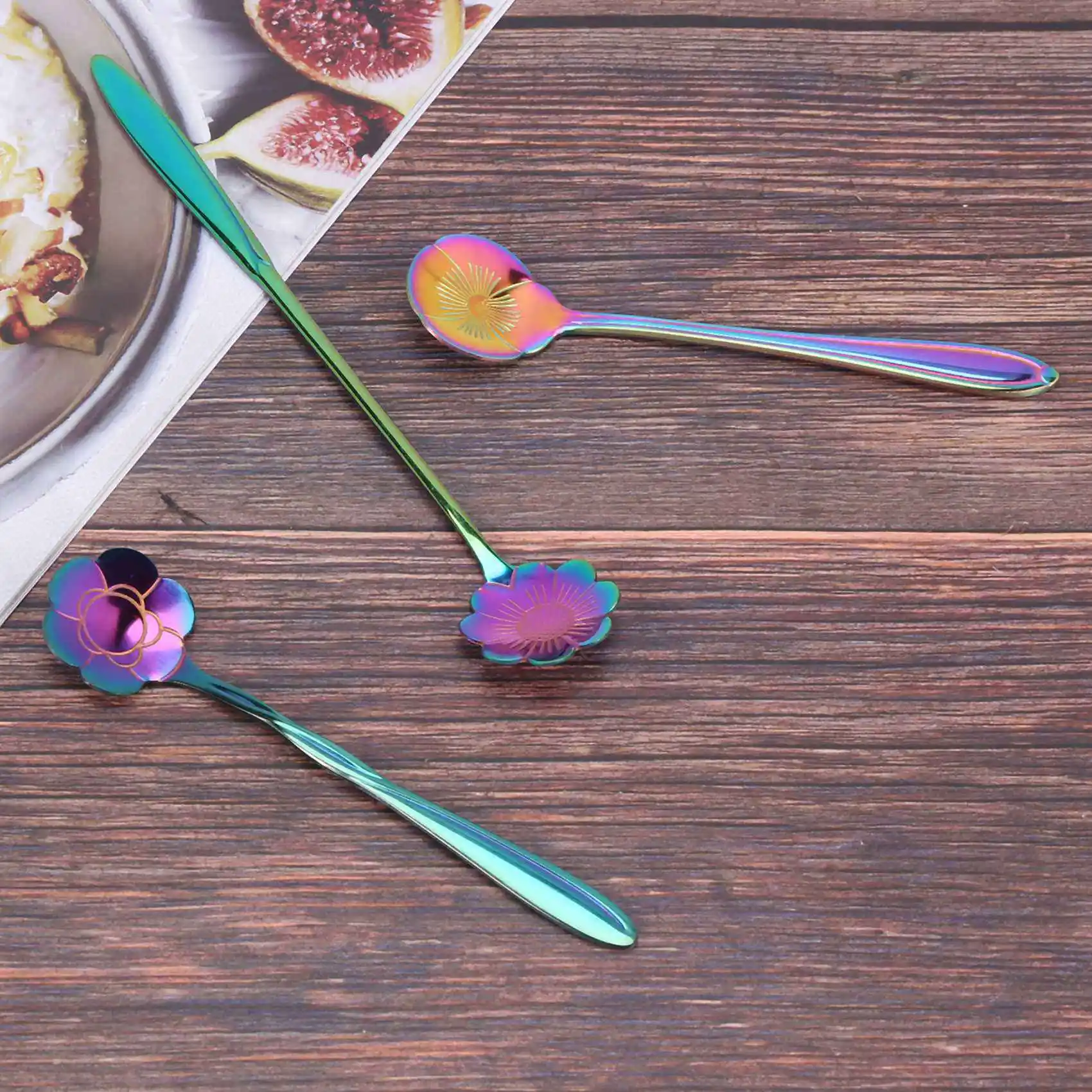 A98E-16Pcs Flower Spoon Set, 2 Different Size Colorful Stainless Steel Teaspoons Rainbow Coffee Stirring Spoon