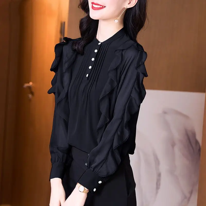 Ruffle Elegant Chic Office Lady Commute Black Shirts Spring New Fashion Stand Collar Long Sleeve Top Blouse Women Blusas Clothes