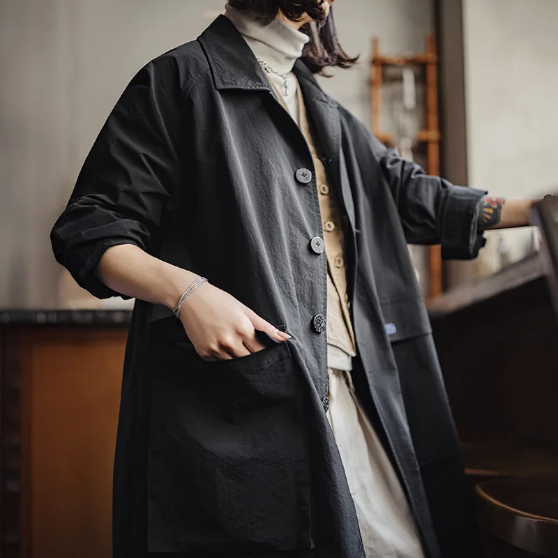 มาเดนเสื้อคลุมบาลมากาแอนสีดำของผู้หญิงคอปกกระดุมแถวเดียวความยาวปานกลางเสื้อกันลมสำหรับฤดูใบไม้ผลิและฤดูใบไม้ร่วงเสื้อโค้ทกันลม