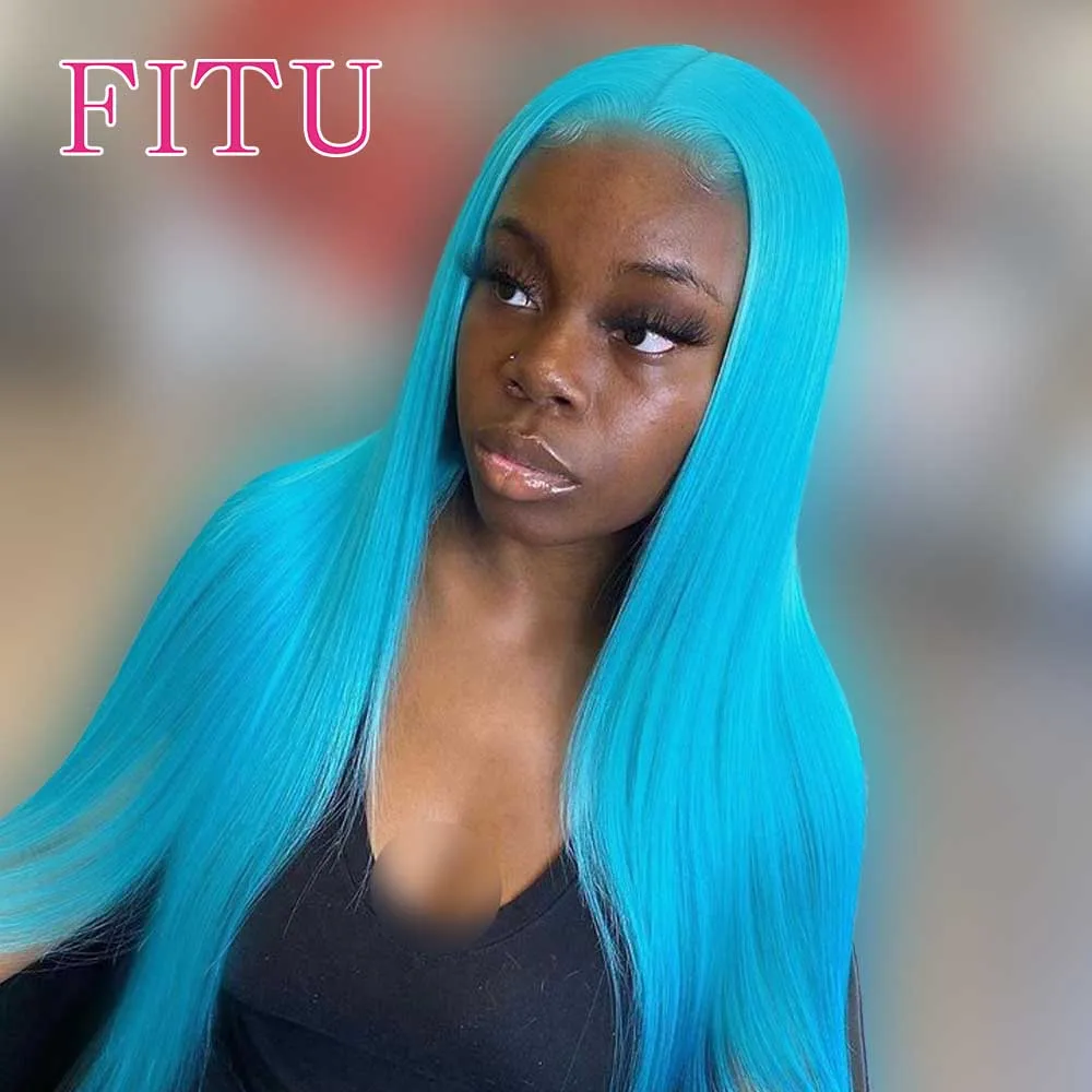 

FITU Blue Transparent 13x6 13x4 Lace Frontal Human Hair Wig 613 Colored Plucked With Baby Hair 5x5 Lace Closure Wig