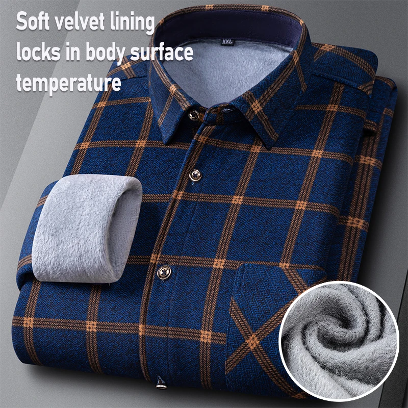 New Men's Thicken Flannel Fur Lined Fashion Shirts Autumn Winter Plus Sized Warm Long Sleeved Plaid Business Casual Slim Clothes