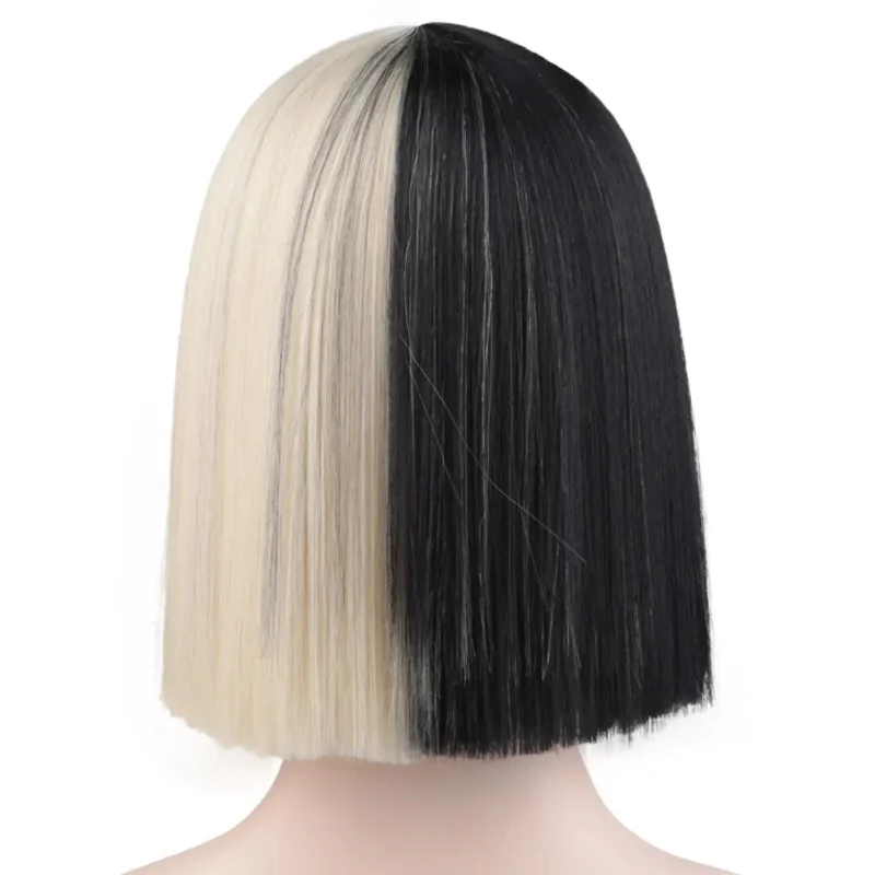 ccutoo Sia Bangs Trim to eyes Half Black and Blonde Medium Synthetic Hair Cosplay Wig Halloween Party Wigs Heat Resistance Fiber