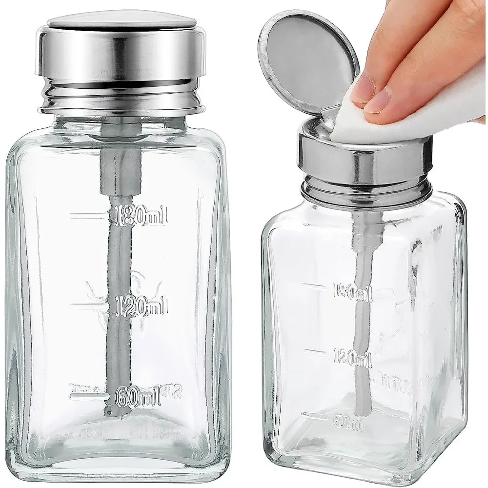 

2PCS 180ML Clear Pump Dispenser Bottle with Metal Flip Cover Glass Nail Polish Remover Hand Pumping Press Cosmetic Container