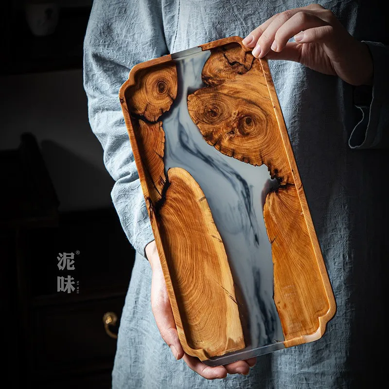 Japanese Zen Style Thuja Wood Ink-Art Tea Tray, Resin Dry Brew Board with Pot Rest for Home Use
