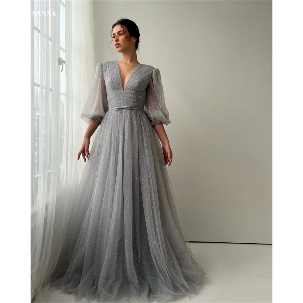 

Sansa V-Neck 3/4 Length Sleeve Boll Gown Customized Prom Dresses Tulle Empire Waist New In Dresses Floor-Length Evening Dresses