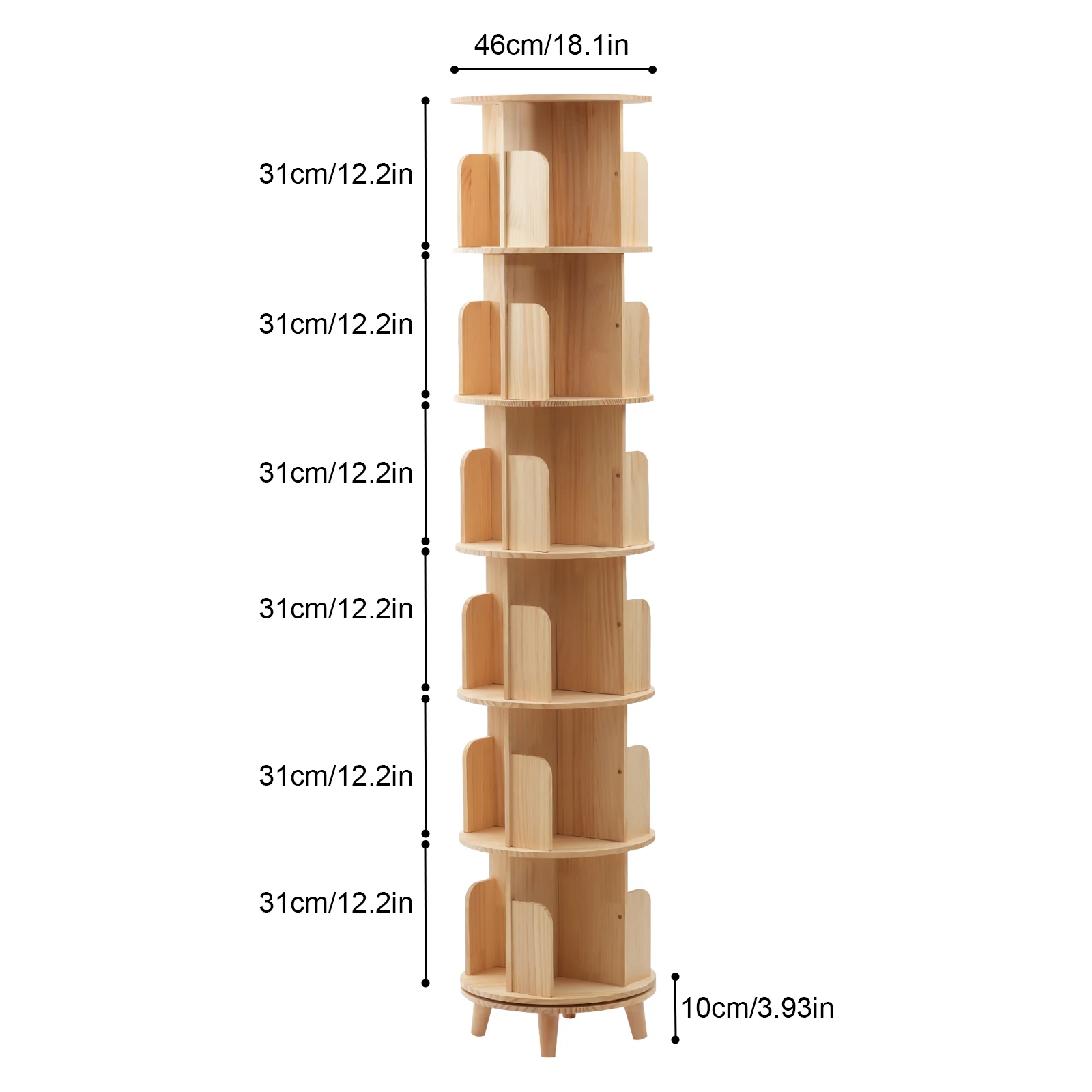 CNCEST 6 Tiers Rotating Bookshelf Pine Wood Floor Standing Bookcase Storage Rack Multi-Functional Bookshelf Organizer