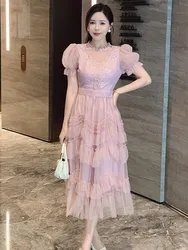 Sweet Pink Rhinestone Lace Patchwork Ruffles Edge Mesh Fluffy Wedding Party Dress Women Elegant Puff Sleeve Slim Evening Dress