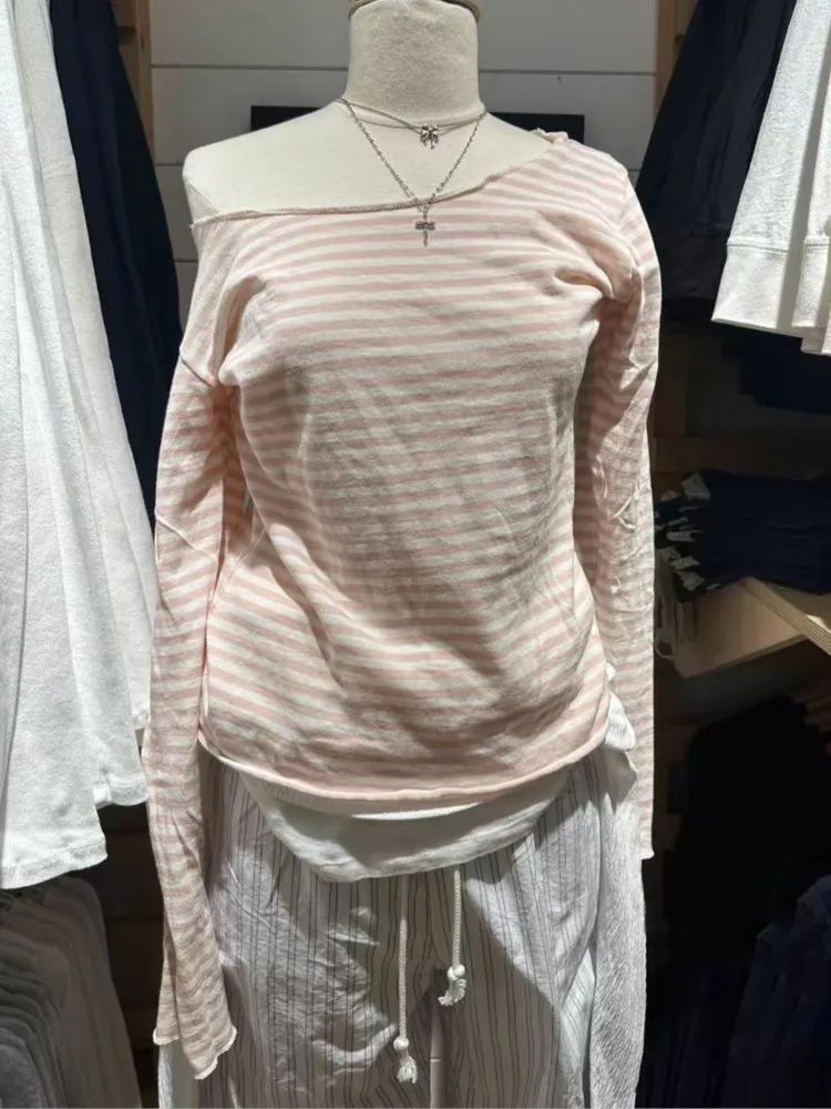 

Sweet Pink Striped Long Sleeve T-shirt Women New Spring Cotton Raw Hem Slash Neck Slim Tee Tops Cute Preppy Style T shirt Y2K