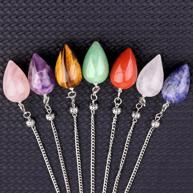Pêndulo Decorativo de Pedra Natural em Formato de Lágrima, 10 Materiais, 18x30mm, Ametista, Aventurina, Cristal com Corrente e Fechos