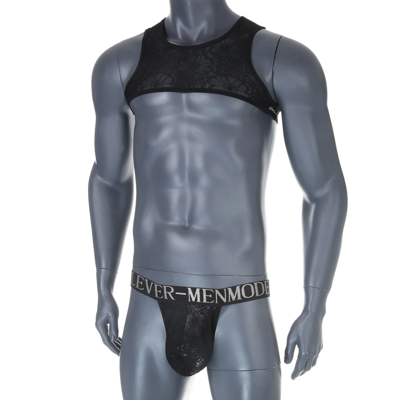 

Mens Sissy Sexy Floral Lace Lingerie Set See Through Sheer Mesh Crop Tank Top with Bulge Pouch T-back Thongs Underwear Nightwear