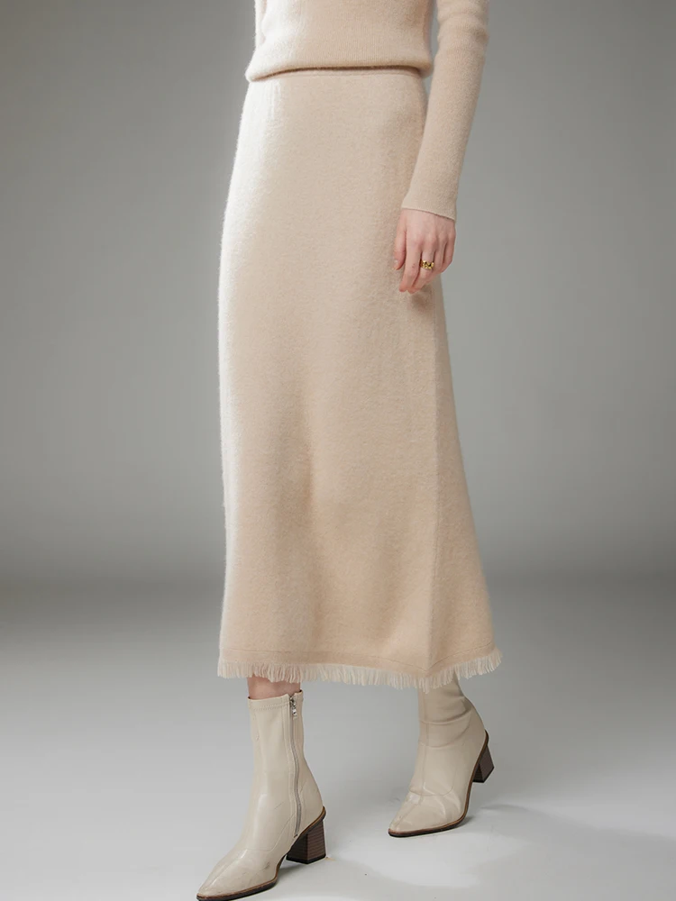 

Women Cashmere A-Line Tassel Skirt High Waist Office Lady Retro Autumn Winter 100% Cashmere Knitwear Graceful Regular Fit Dress