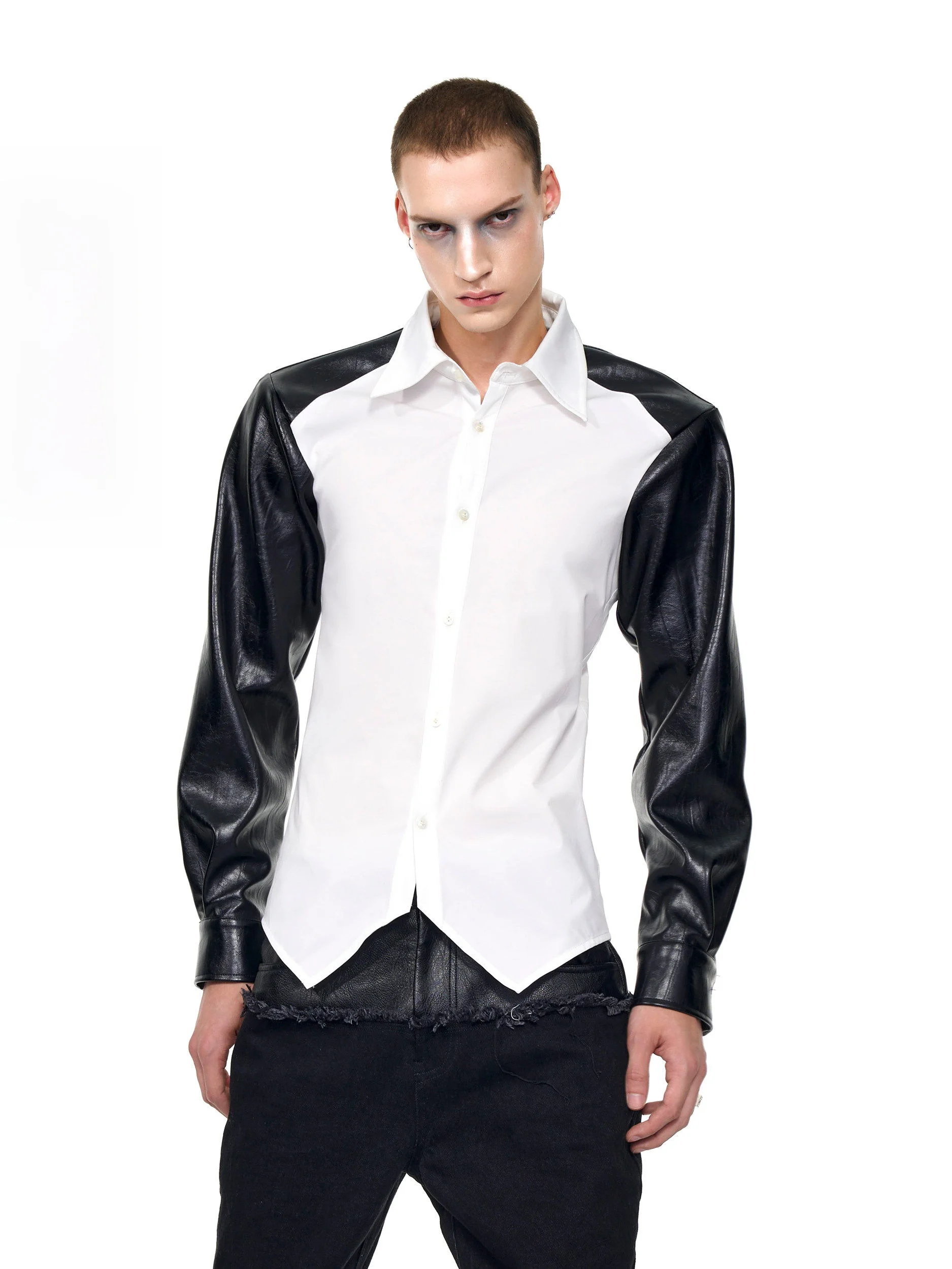 

Start Exceed End Men's Long Sleeve Leather Patchwork Shirt Autumn Irregular Hem Korean Style Flip Collar Inner Wear Casual Shirt