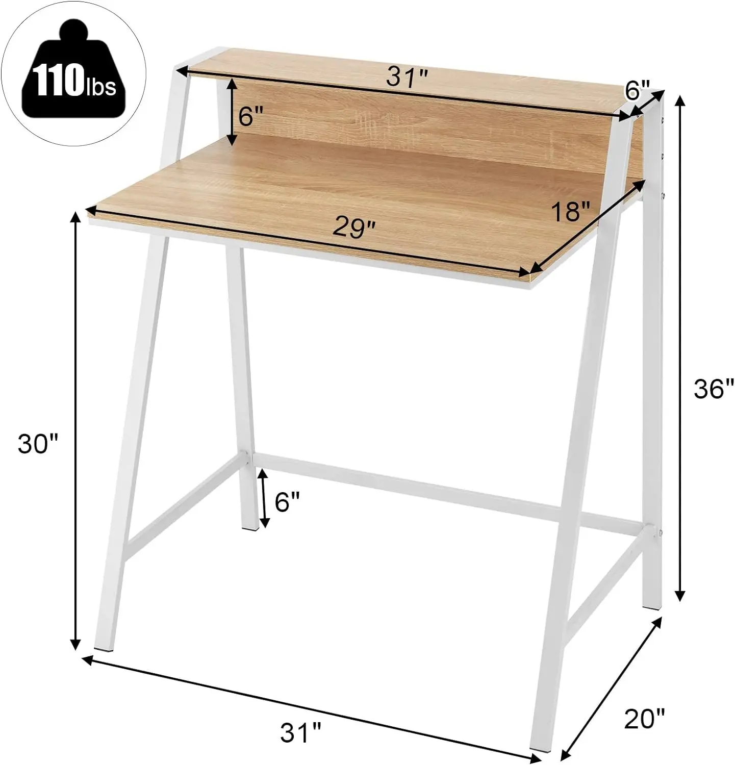 Petit bureau d'ordinateur compact avec cadre robuste, bureau à domicile, table d'écriture d'étude à 2 niveaux, bureau d'appartement, petit endroit