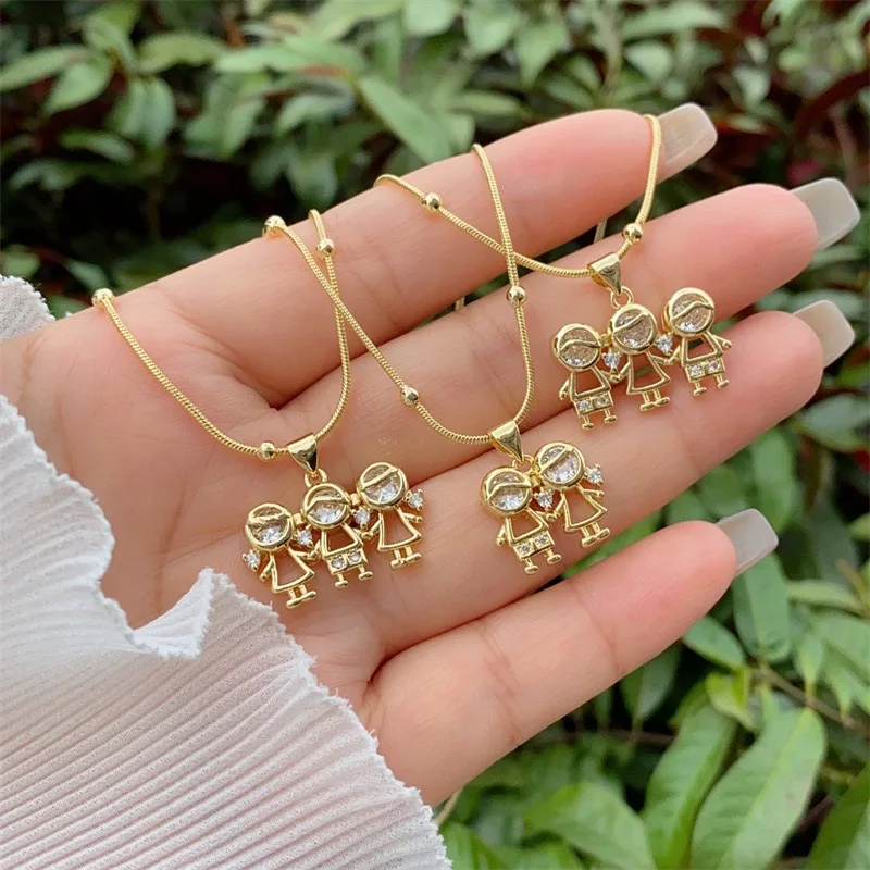 3Pcs﻿/ New Gold Plated 18k Zircon Boy Girl Combination Necklace Creative Hanging Classic Lobster Buckle Jewelry Gifts