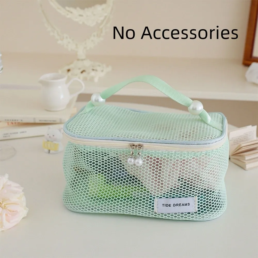 See Through Mesh Cosmetic Bag Portable With Pearl Zipper Makeup Organizer Pouch Hanging Rope Large Capacity Toiletry Organizer
