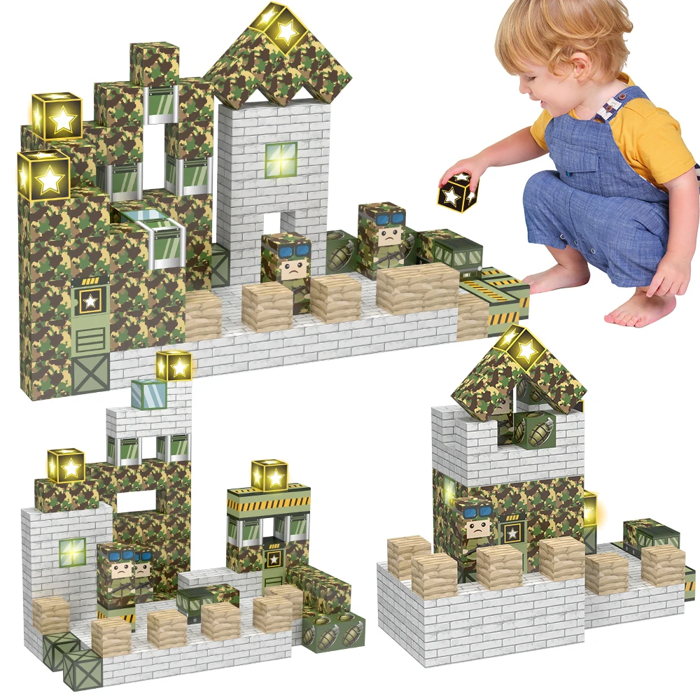 Blocs de construction magnétiques pour enfants 50 pièces-ensemble de construction de l'armée avec réservoirs et camions, jouets éducatifs STEM