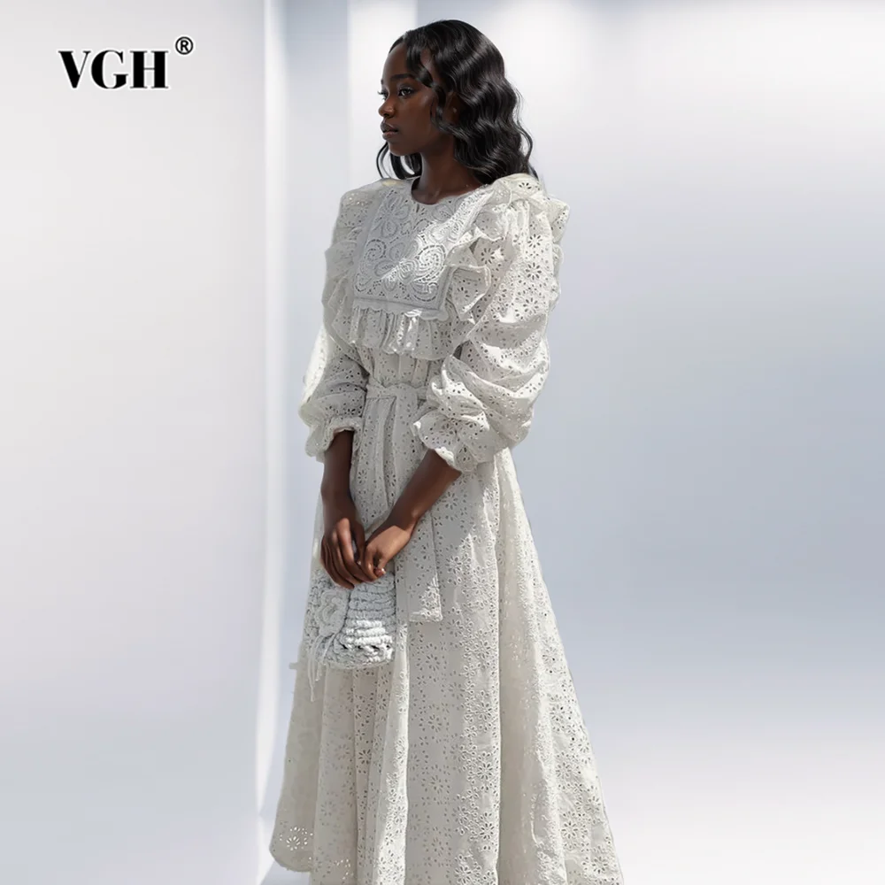 VGH Solid Patchwork Lace Up Hollow Out Dresses For Women Round Neck Long Sleeve High Waist Temperament Dress Female Fashion New