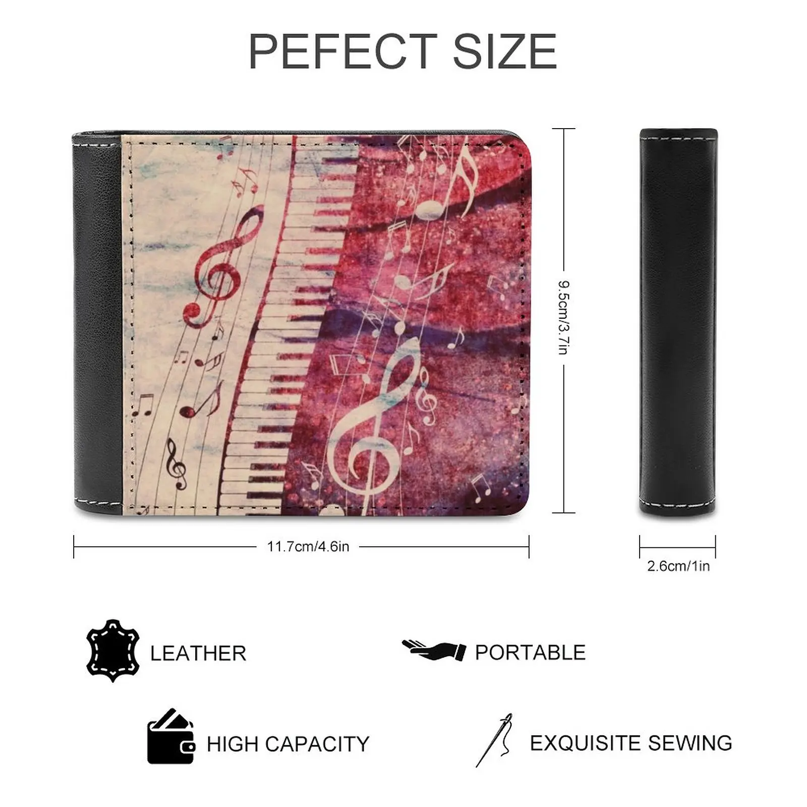 Piano Keyboard With Music Notes Grunge New Men Wallets Pu Leather Men Purse High Quality Male Wallet Acoustic Black Classic