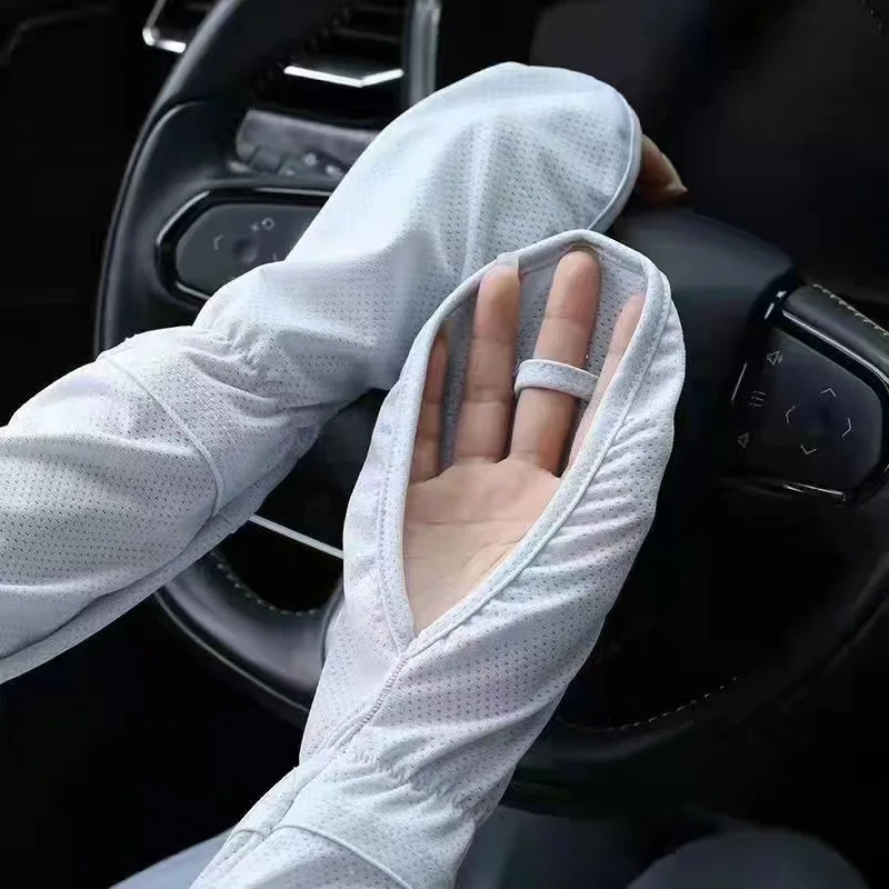 Summer Ice Silk Sunscreen UV Protection Arm Sleeves with Thumb Hole Finger Cover Loose Breathable for Riding Driving Women