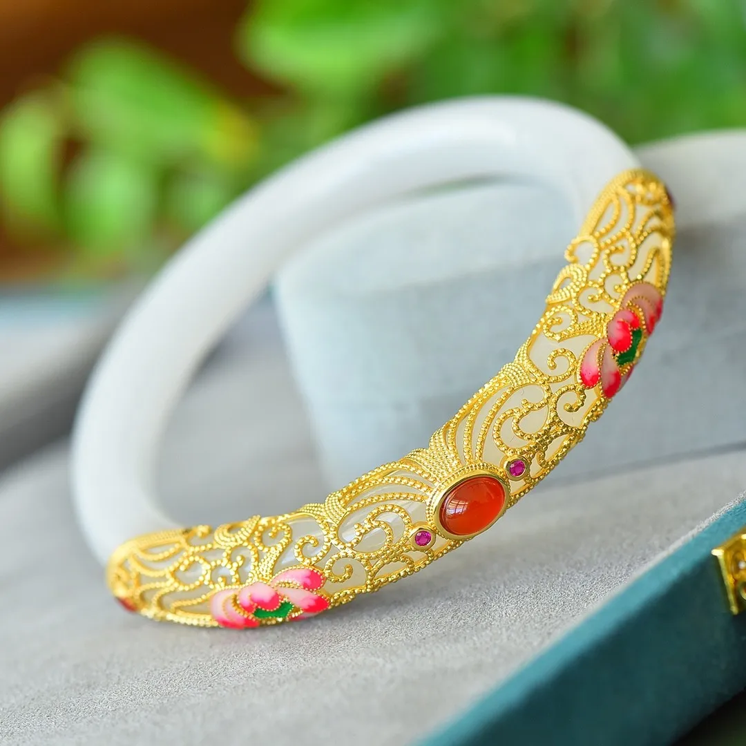 

Natural Nephrite White Jade Bangle Inlaid Red Agate Colored Enamel Lotus Flowers Hetian Jade Round Bracelets Women Fine Jewelry