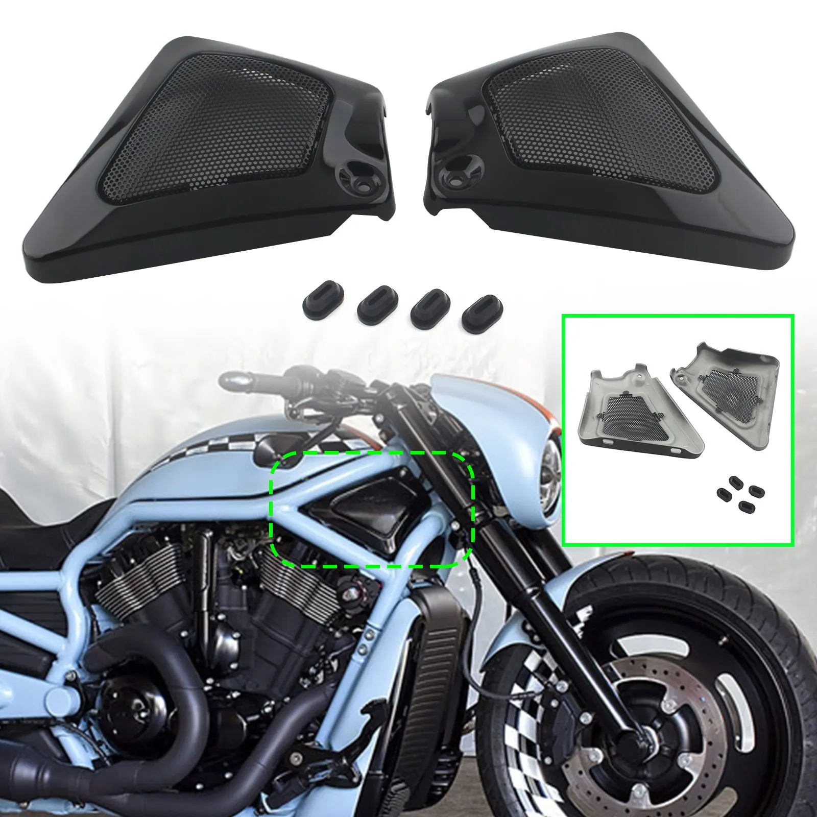 1 Pair Black Motorcycle Left & Right Airbox Frame Neck Side Covers Metal Mesh Grill For Harley Davidson V-Rod 2002-2006