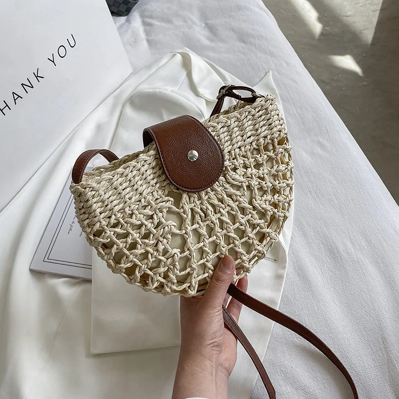 Yogodlns Sommer Stroh Tasche Für Frauen Mode Halbkreis Umhängetaschen Rattan Handgemachte Messenger Handtasche Reise Strand Taschen Tote – Detail 17