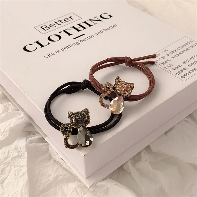 Fashion Rhinestone Crystal Cat Hair Rope Cute Metal Animal Hairbands Women Girls Elastic Ponytail Bun Headwear Jewelry Hair Ring