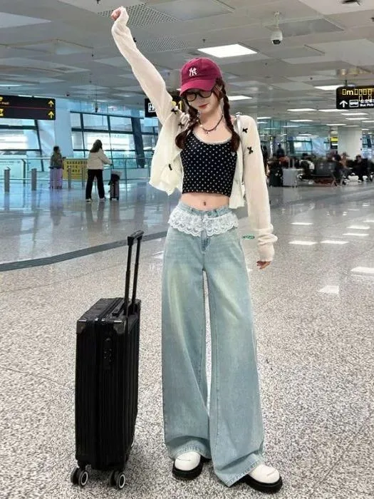 

Корейские джинсы с кружевной отделкой и широкими штанинами, женские, весенне-летний дизайн, прямые свободные брюки в пол с кружевными вставками