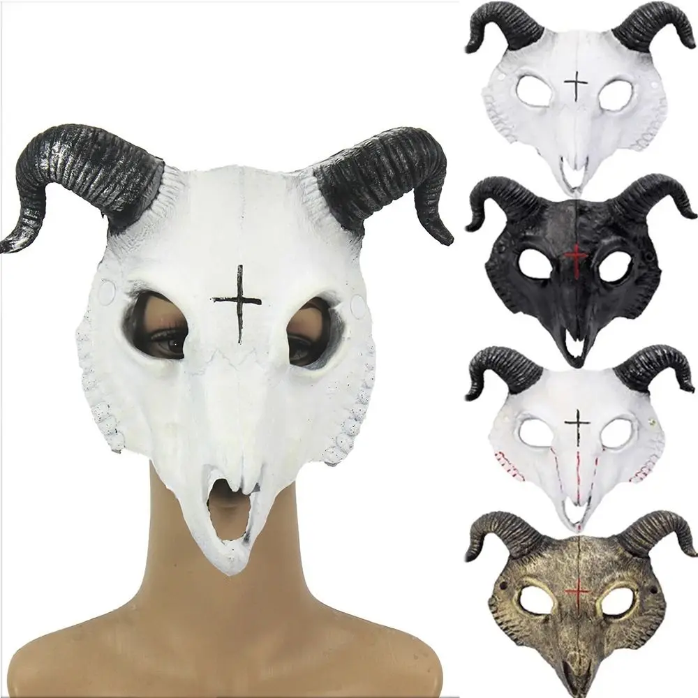

Funny Halloween Goat Horn Mask PU Full Face Bloody Skull Mask Antelope Headwear Christmas