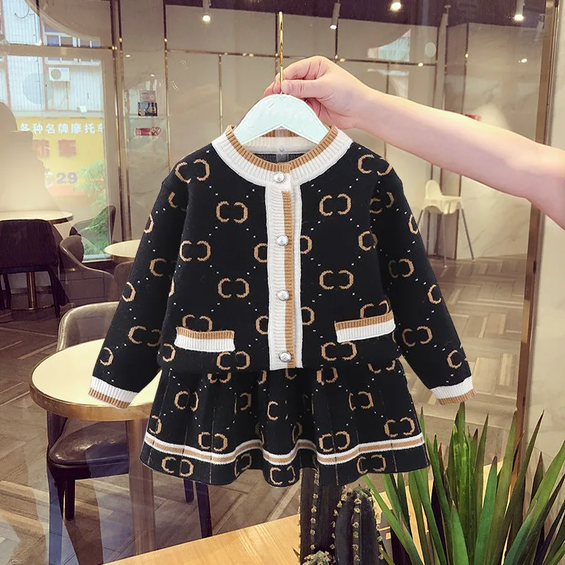 Autumn Winter Baby Girl Knitting Clothes Set Children Cotton Sweater Cardigan and Pleated Skirt Suit Jacket Coat Student Uniform