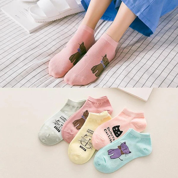 5 Pairs Women Girls Cute Cartoon Cotton Socks Short Summer Ankle Socks