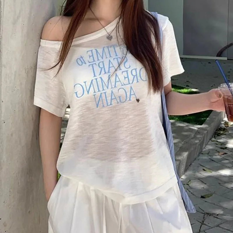 Harajuku Letter Printing Skew Collar Tees Women Sexy Off Shoulder See Through Loose T-Shirt Summer Sun-Proof Short Sleeve Tops